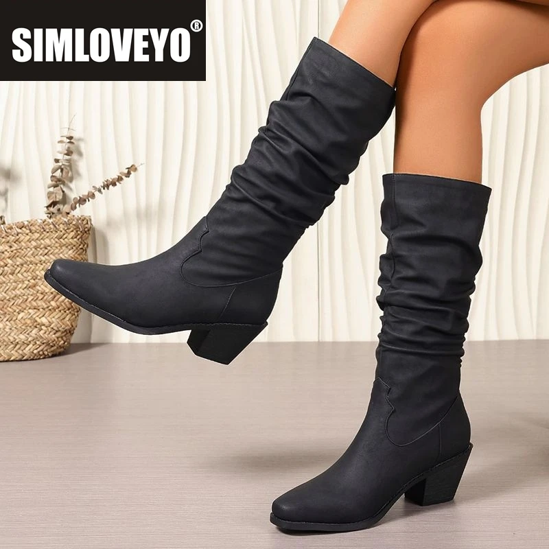 

SIMLOVEYO 2026 Женские сапоги до середины икры с квадратным носком и блочным каблуком 6 см, плиссированные повседневные рыцарские ботинки Bota, большой размер 40, 41 42 43 44 45