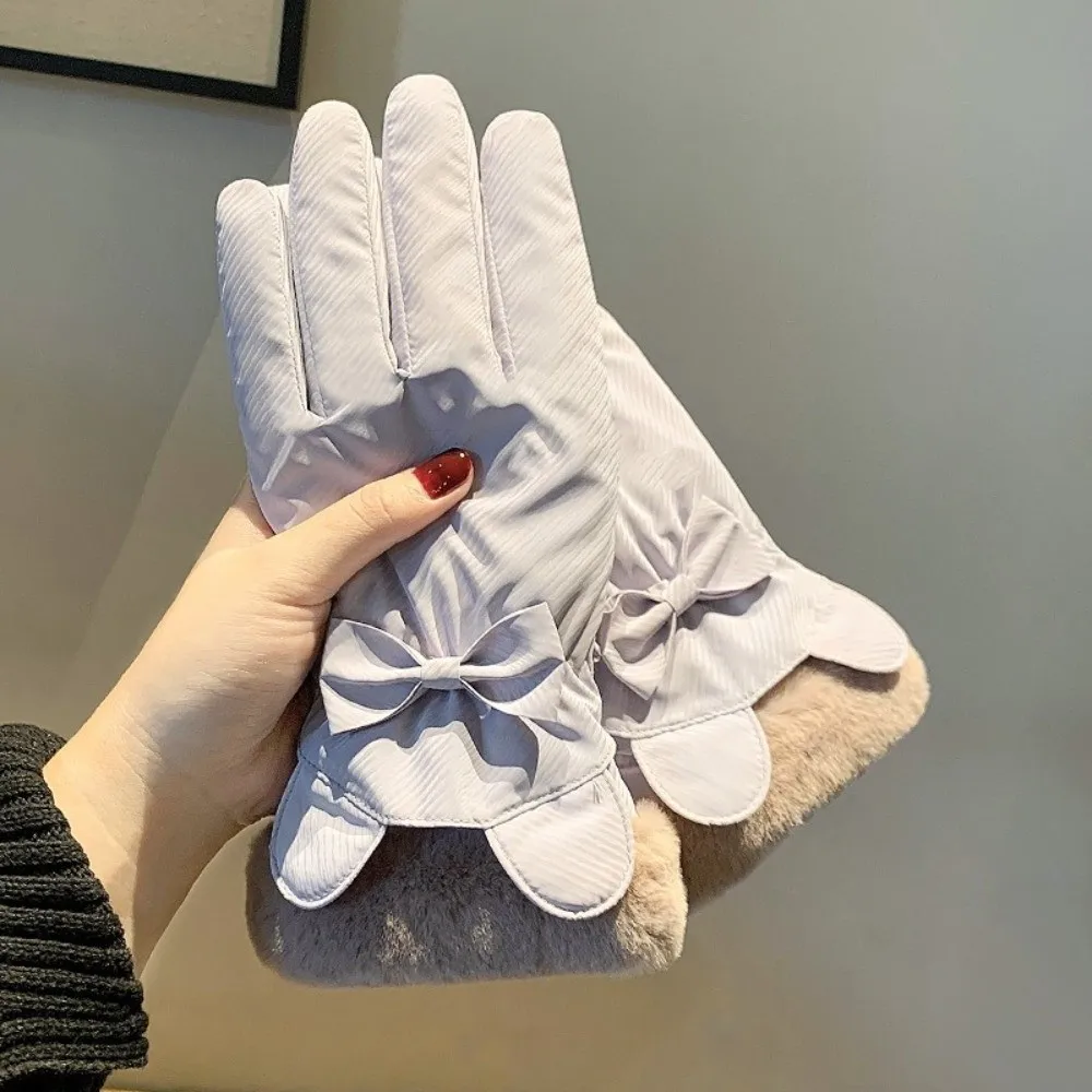 Durable Polyester Fleece Lined Winter Thermal Gloves Bow Decor Warm Cold Weather Gloves Waterproof Windproof Gloves For Skiing