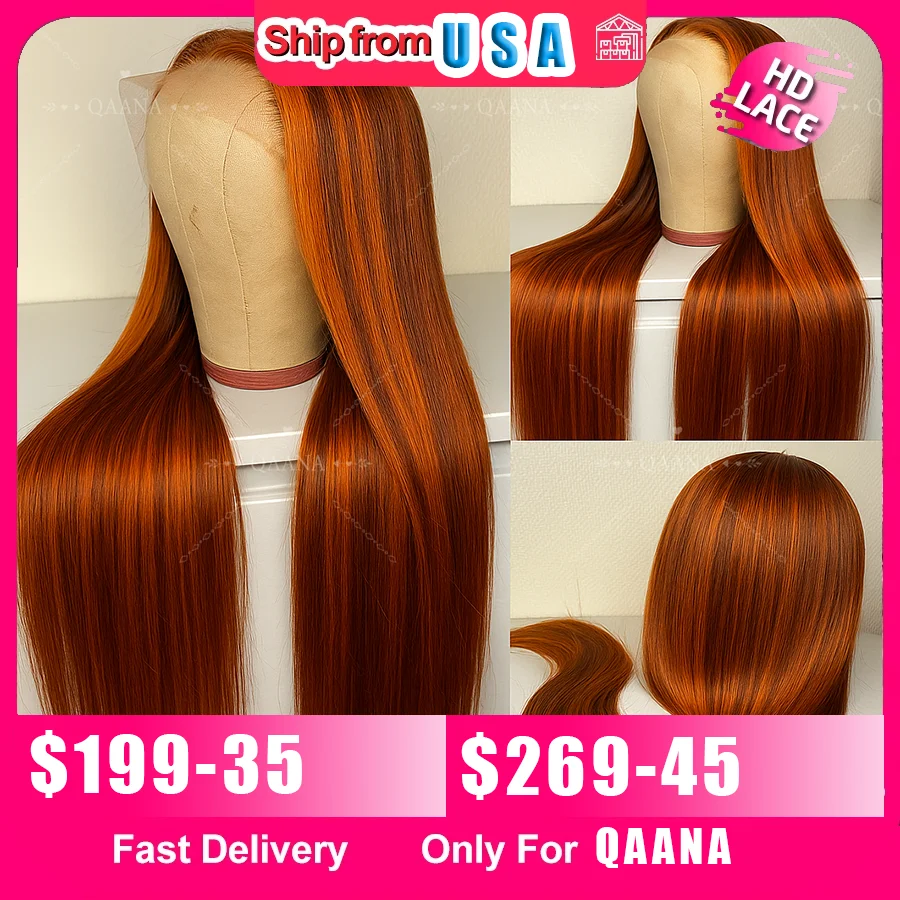 オンブレジンジャーオレンジカラー200%人毛ボーンストレートレースフロントウィッグプレプラッキング済みジンジャーブラウンハイライトウィッグ5x5グルーレスウィッグ