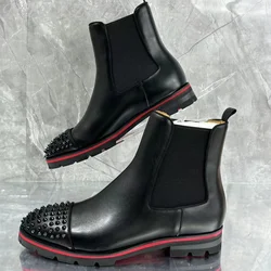 Designer Splicing Rivet Chelsea Men's Boots Autumn Versatile New Slip On Modern Boots Genuine Leather Fashion Male Shoes