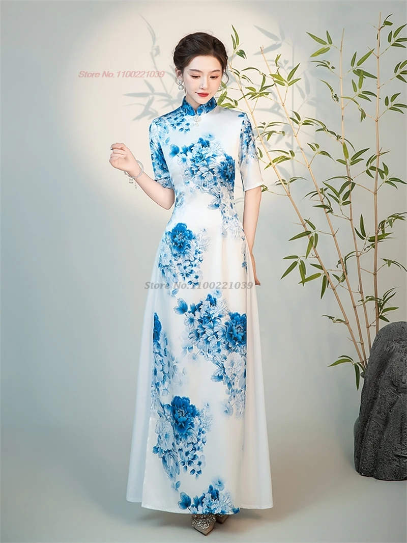 2025 aodai dress vietnam traditional dress improved qipao national flower print a-line cheongsam oriental banquet evening dress