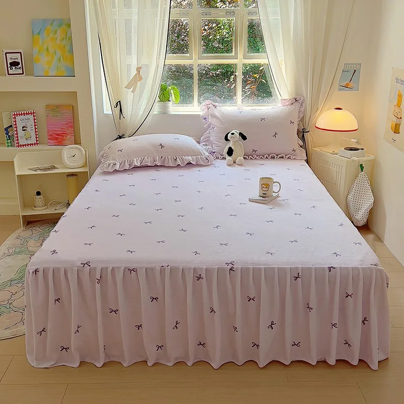 

2024 new high-gram princess wind milk fleece printed bed skirt 1 pc winter thickened warm bedspread mattress with skirt 3pcs