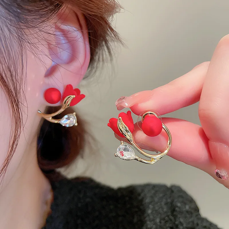 925 Silver Needle Red Tulip Flower Earrings For Women Jewelry 2024 Trending Luxury Back Hanging Black Women\'s Stud Earrings New