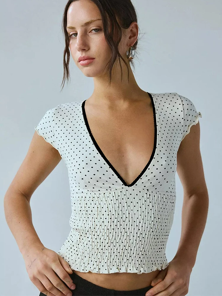 

Macheda Y2K Sweet Style T-Shirts Women Polka Dots Print V-Neck Skinny Stretch Summer Street Fashion Ruched Elegant Classic Tops