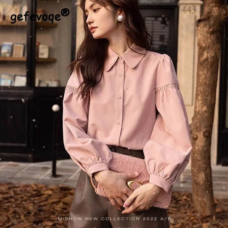 2023 Spring and Autumn Women's Fashion Solid Color Bubble Sleeve Shirt Korean Version Slim Lace Lantern Sleeve Shirt