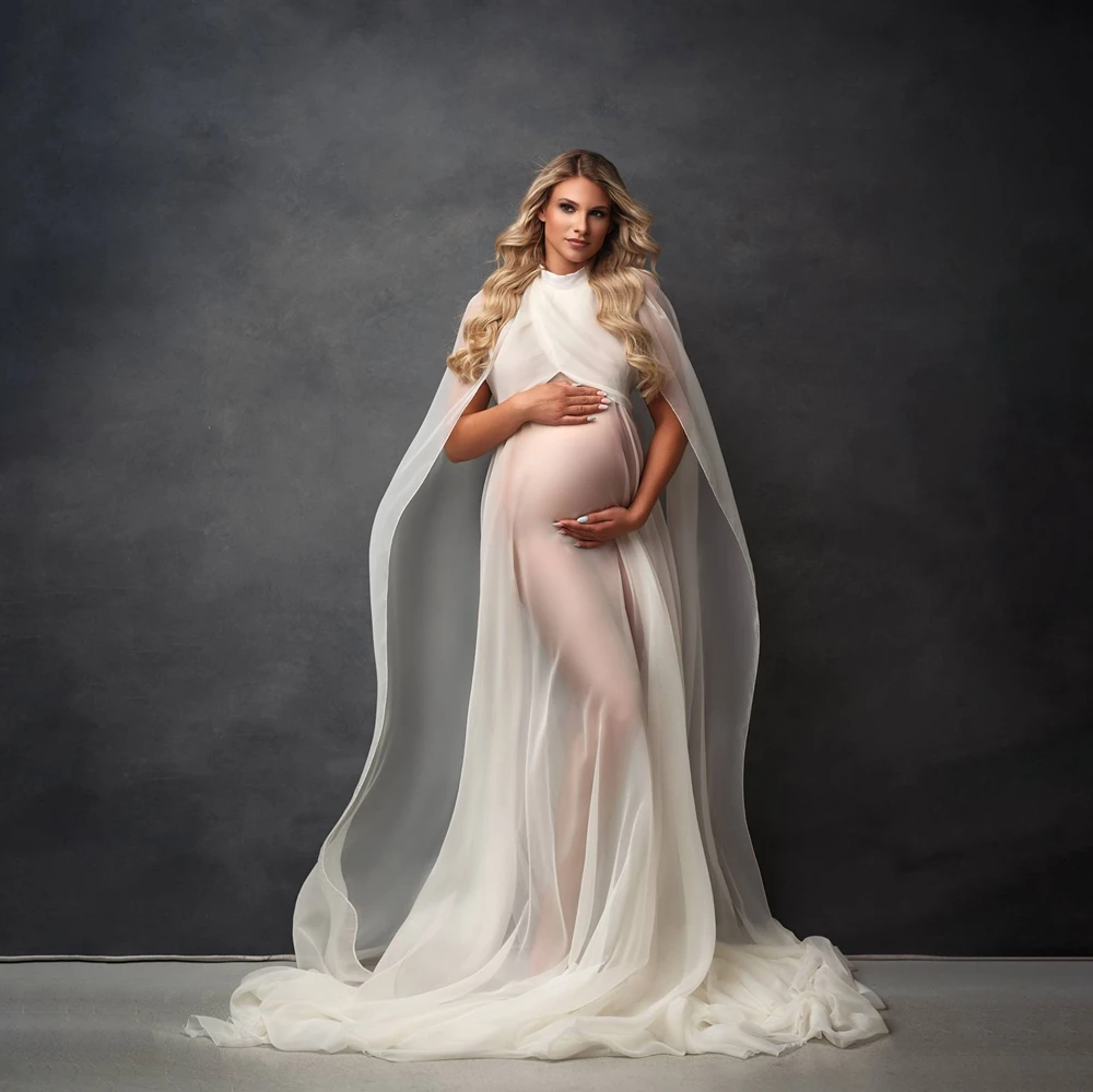 Elegant Maternity Photography Gown Sheer Cape Dress Pregnancy Photo Shoot Outfits Goddess Style Studio Posing Apparel Props
