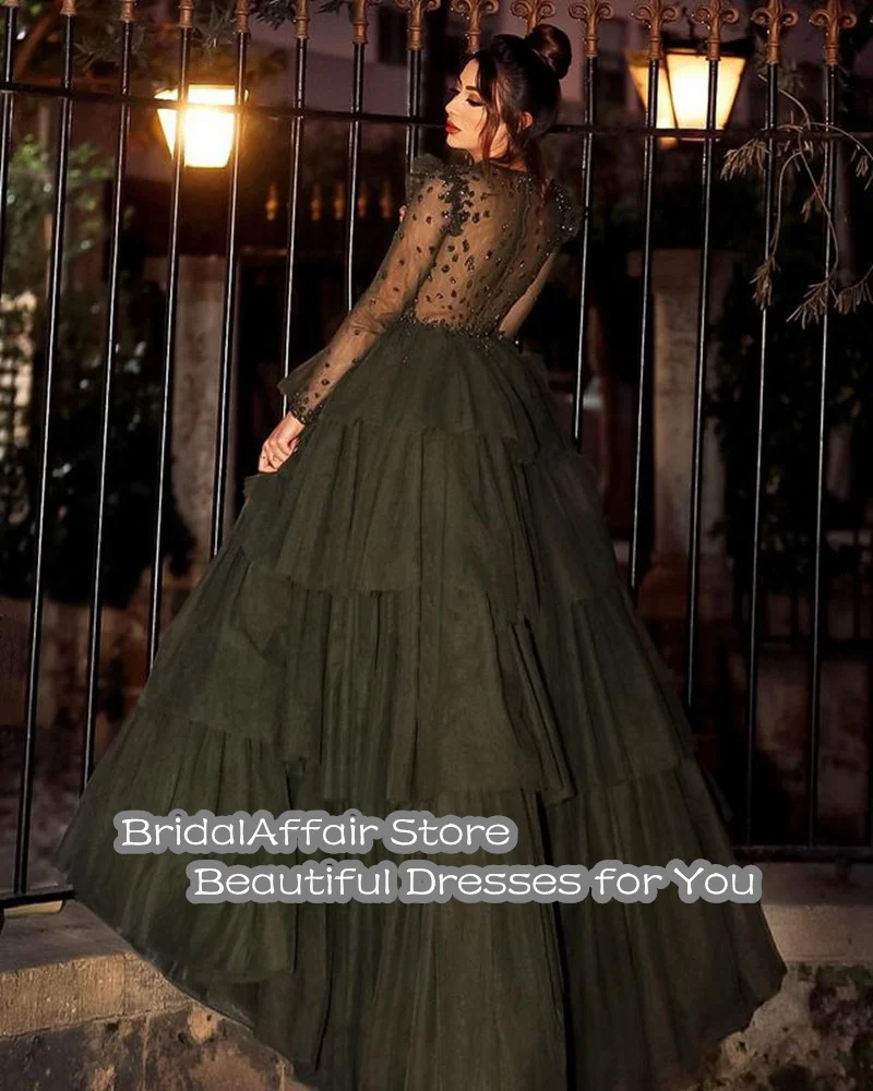 Modern Green Tulle Tiered Ball Gown Long Evening Dress Sparkly Crystals Beaded Prom Gown Custom Special Occasion Dresses