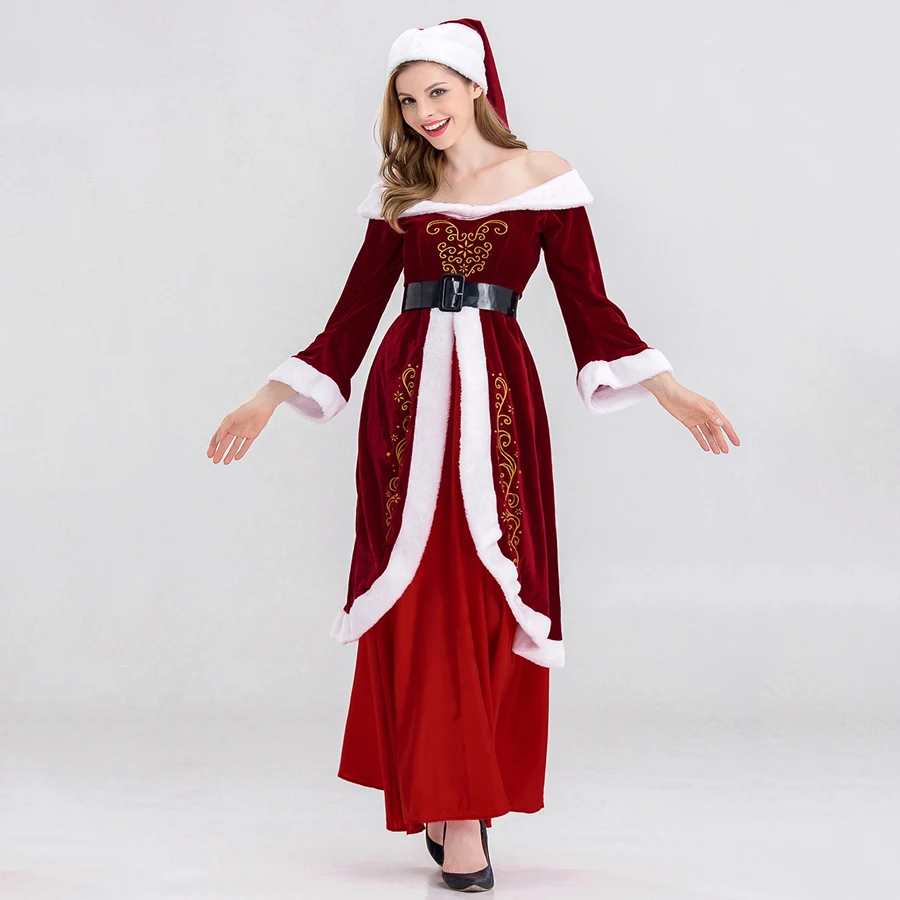 Christmas Dress Santa Claus Mrs. Claus Cosplay Costume Velvet Long Dresses Women Winter Warm Furry Red Dress Xmas Party Suits