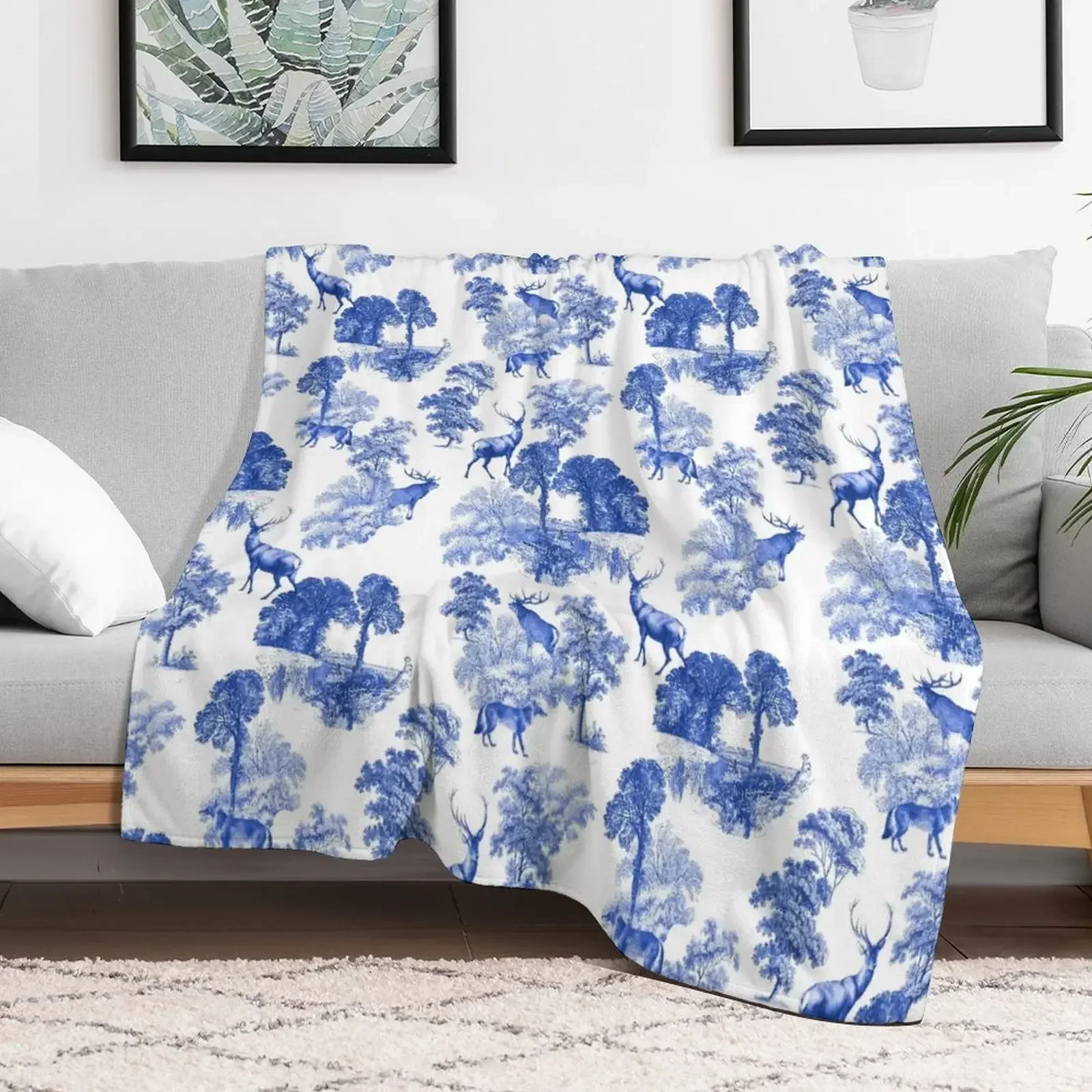 

Classic Blue French Toile Deer in Forest Countryside Pattern Throw Blanket Summer funny gift Soft Plush Plaid Blankets