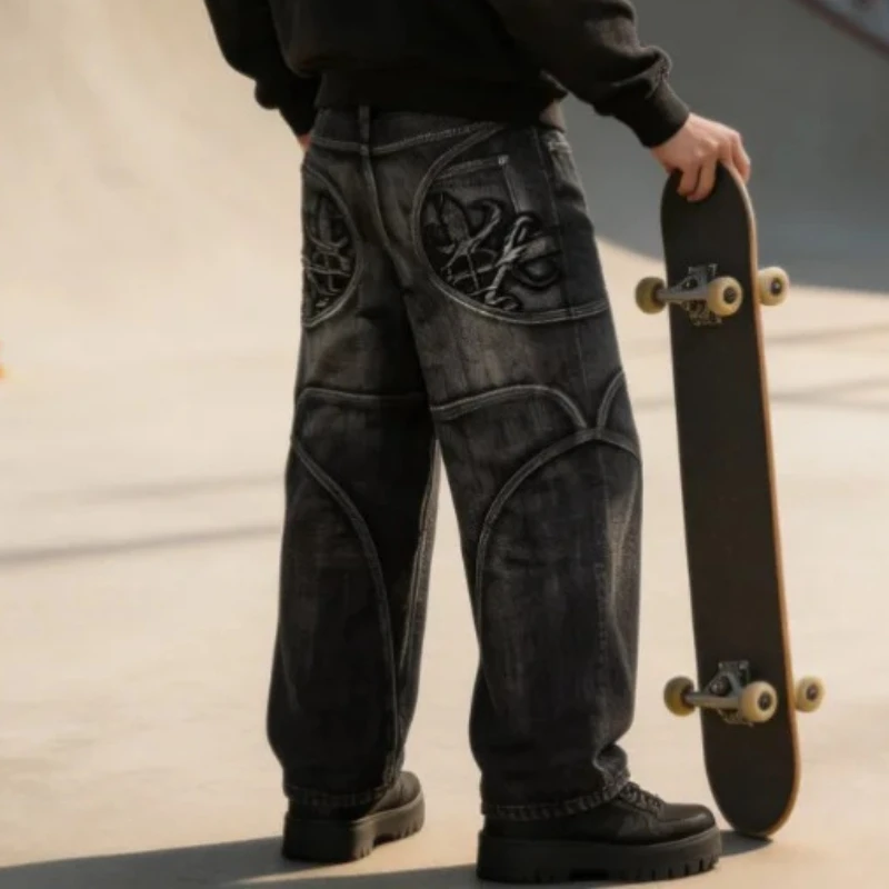 

New Casual Unisex Grunge Y2k Vintage Washed Jeans Men Cross Embroidered Streetwear Wide Leg Denim Pants Gothic Distressed Pants