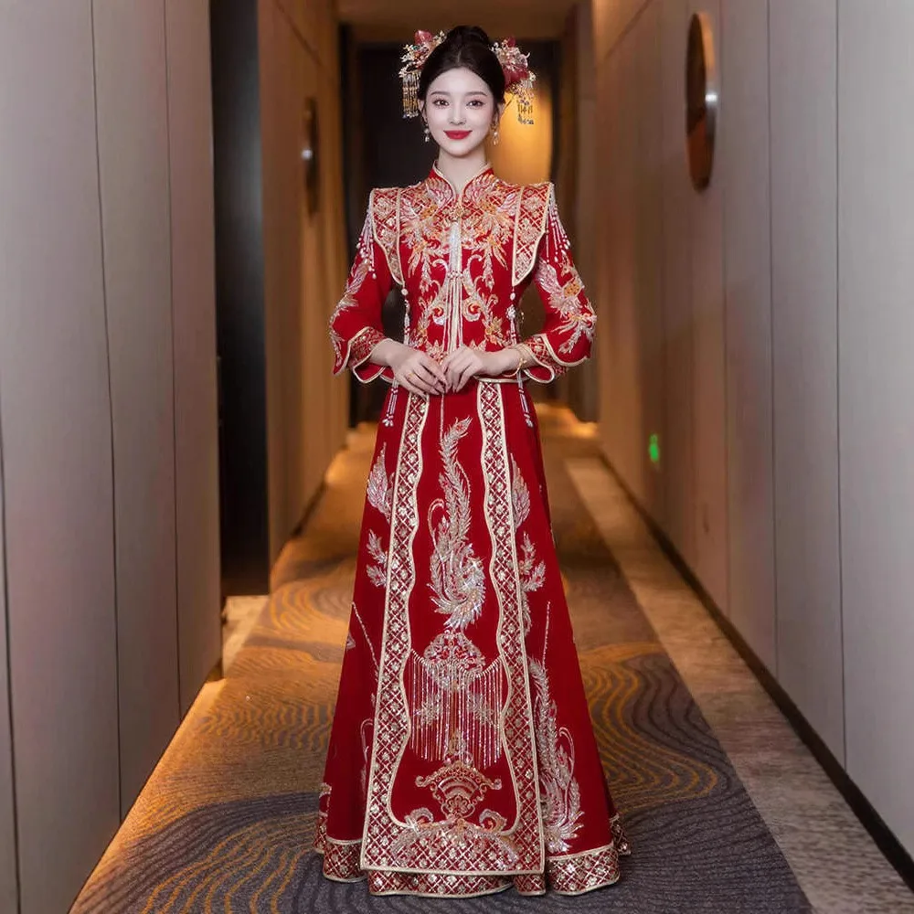 Exquisite Mandarin Collar Costume Oriental Toast Clothing Bride Wedding Dress Cheongsam Chinese Style Marriage Set