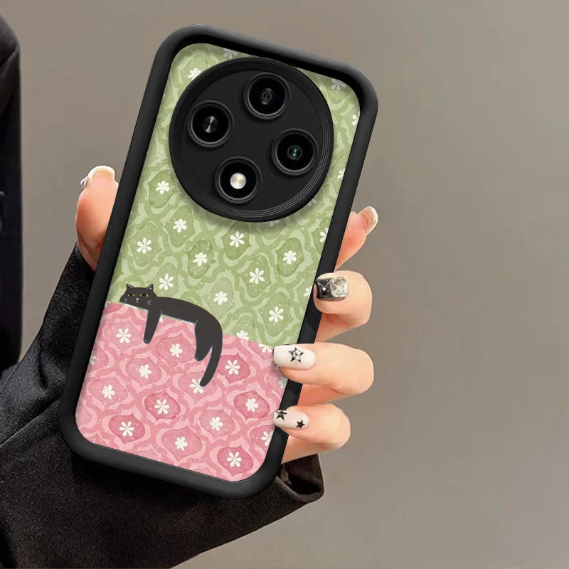 Artistic Cute Black Cat Striped Pattern Phone Case for Huawei Honor 400 200 Lite 100 Magic 8 7 6 5 PRO X9 X8 Flowers Soft Cover view 4