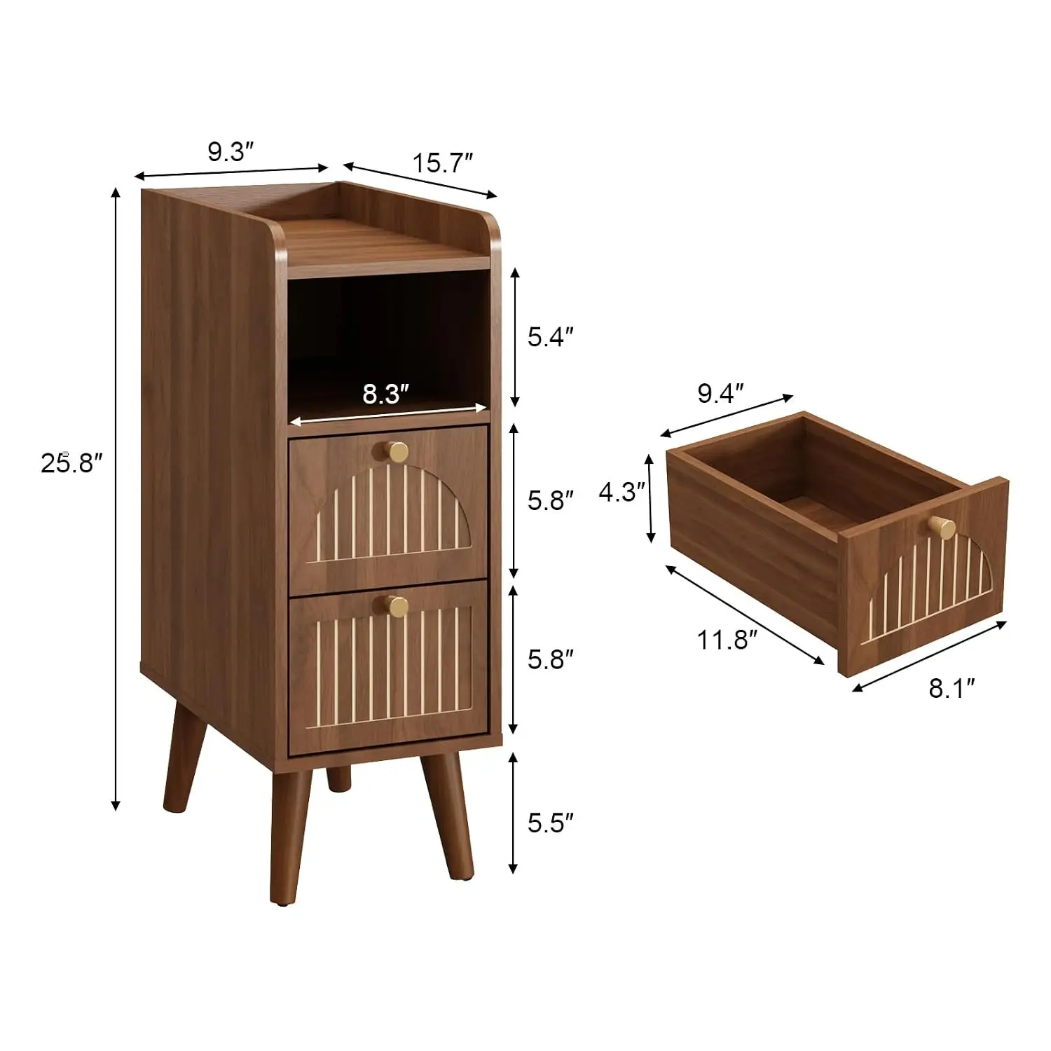 9.3" Narrow Nightstand with 2 Drawer, Fluted Wood End Table, Brown | Set of 2 Skinny Bedside Tables with Open, Customized