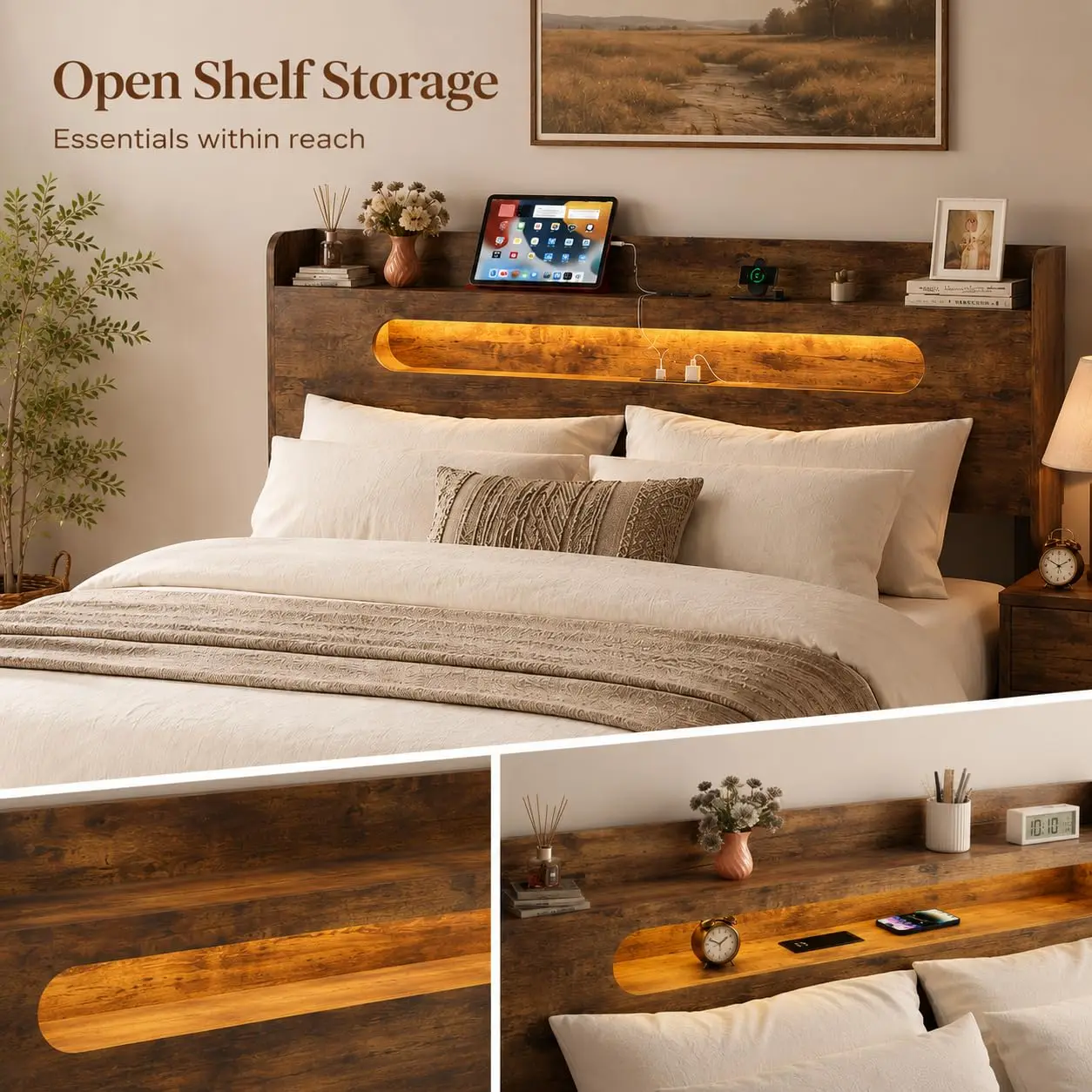 Wood Bed Frame Storage Headboard USB Charging No Box Spring Easy Assembly, Customized image 4