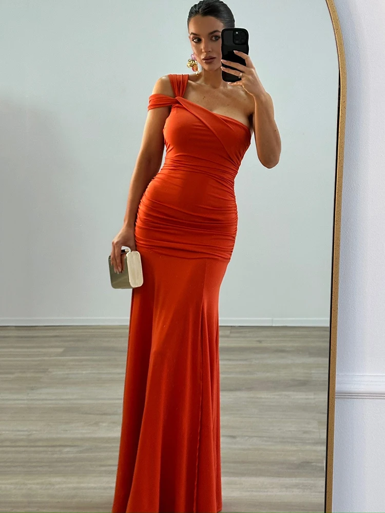 Sibybo Abito lungo da donna con volant drappeggiato con spalle scoperte Elegante scollo a barchetta senza maniche Abiti aderenti aderenti Abiti da sera sexy