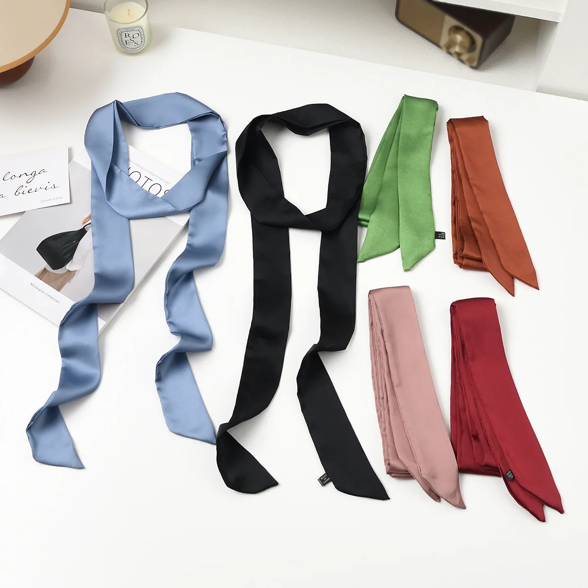 Szal damski w jednolitym kolorze - cienki, wąski, długi szal na szyję, koreański uniwersalny ozdobny mały szalik, apaszka z falbanką.