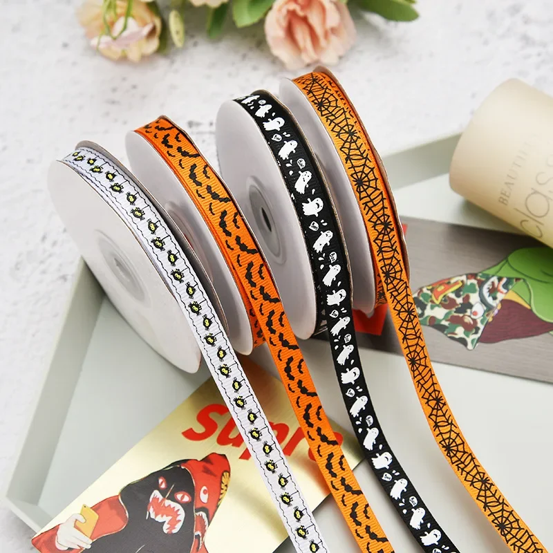 Wstążka poliestrowa Grosgrain Satynowe wstążki Happy Halloween Party Dekoracja Materiały opakowaniowe 25 jardów x 1 cm