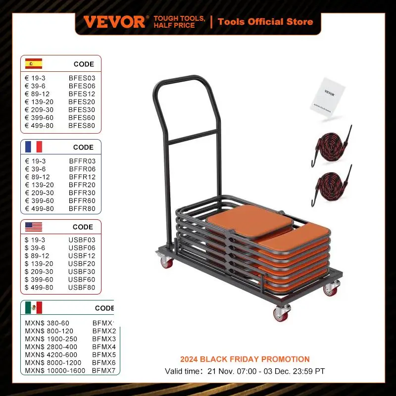 VEVOR Folding Chair Rack Dolly Iron Commercial Cart Trolley with 4 Casters Storage Transport for Flat Stacking Plastic Resin