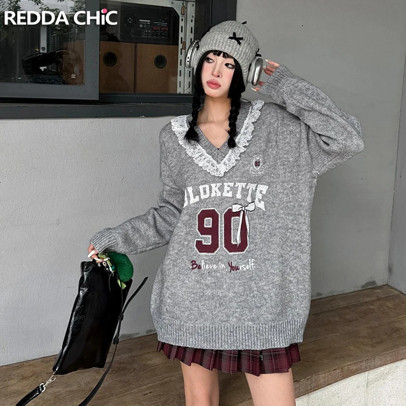 

ReddaChic корейский женский джемпер большого размера с рисунком серый с длинными рукавами и v-образным вырезом с кружевной отделкой пуловер свитер топ зимний повседневный трикотаж