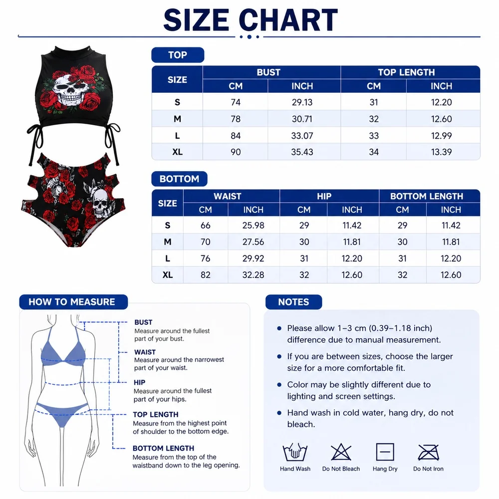 Women Black Skull Rose Bikini Set High Neck Lace Up Top High Waist Cutout Bottom Two Piece Swimsuit Beach Pool Vacation Wear - view 5