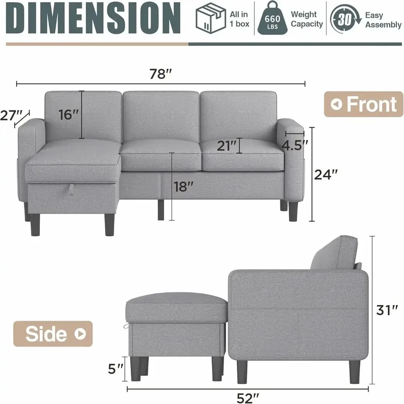 

3-Seater L-Shaped Convertible Sectional Sofa with Reversible Storage in Beige Linen