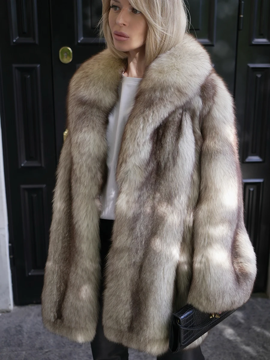 Women Winter Faux Fur Coat Fluffy Thick Warm Lapel Collar 2026 New Gradient Beige Elegant Luxury Old Money Outerwear
