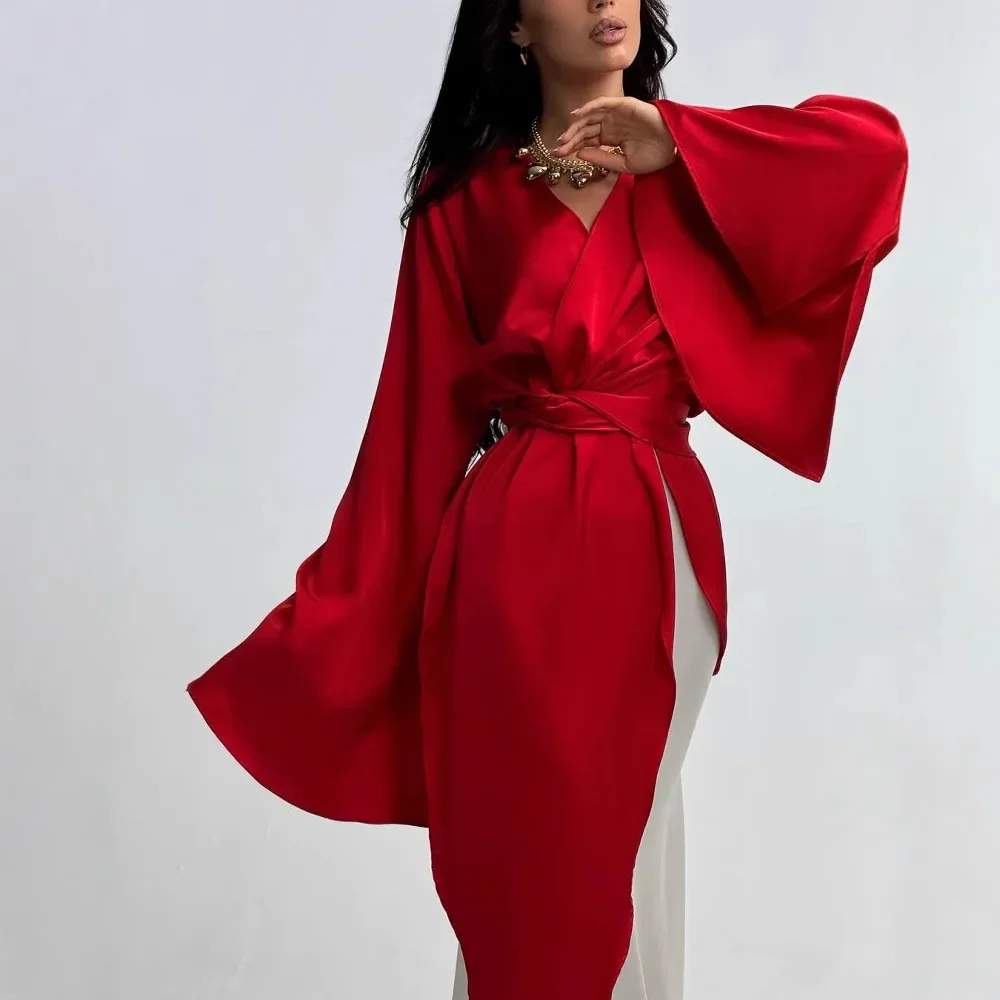 Oriente médio elegante cetim falso de duas peças de manga comprida temperamento vestido de noite 2025 outono e inverno nova moda high street l