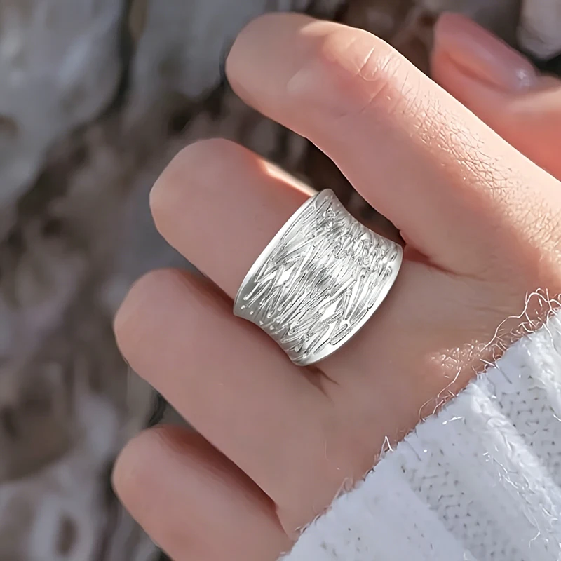 Huitan Exaggerated Wide Band Ring for Women Silver Color Hammered Textured Metal Statement Rings Daily Party Fashion Jewelry