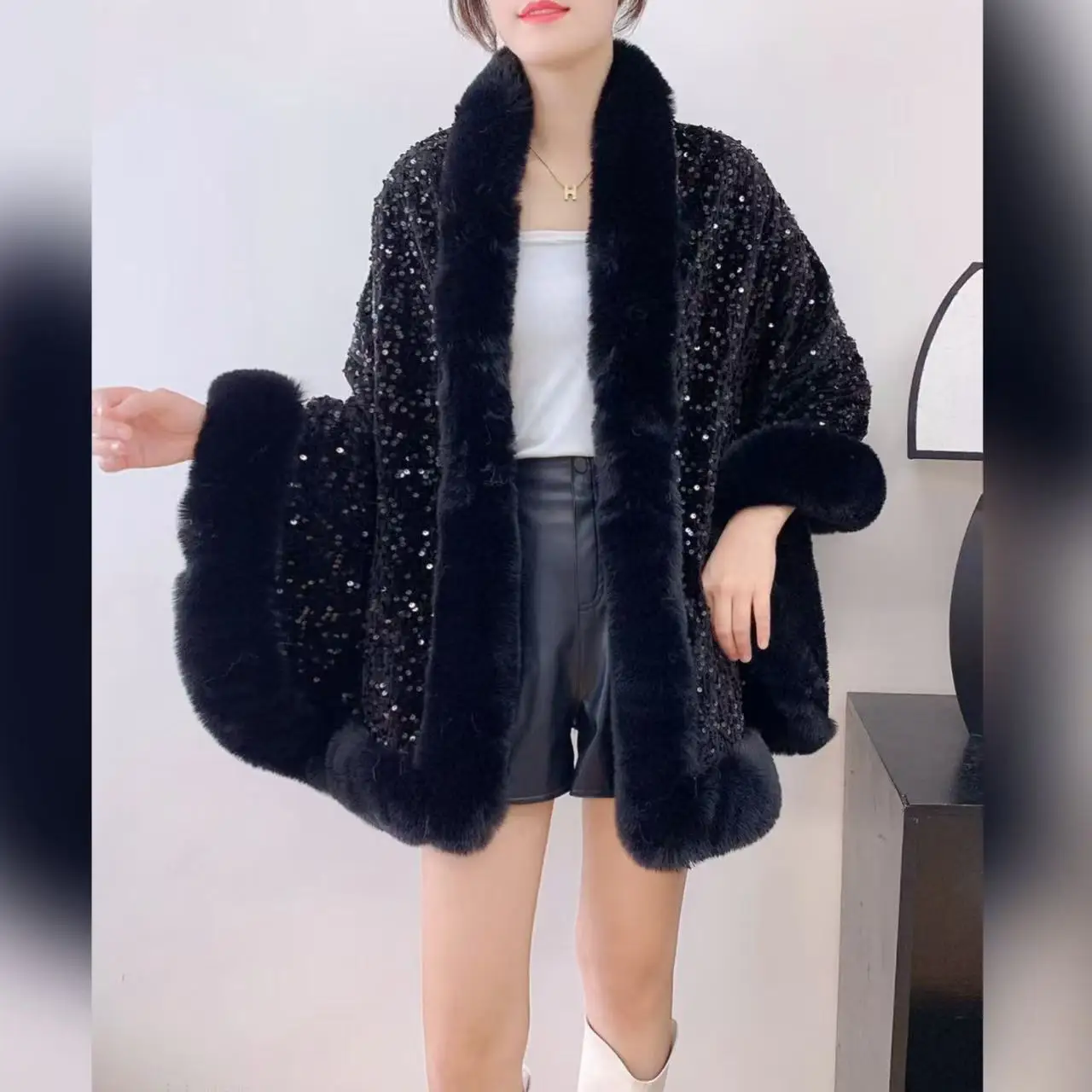 12 Colors Women Long Faux Rabbit Fur Sequin Fabric Cape Winter Poncho Warm Thick Loose Shawl Outer Wear Wedding Party Wraps