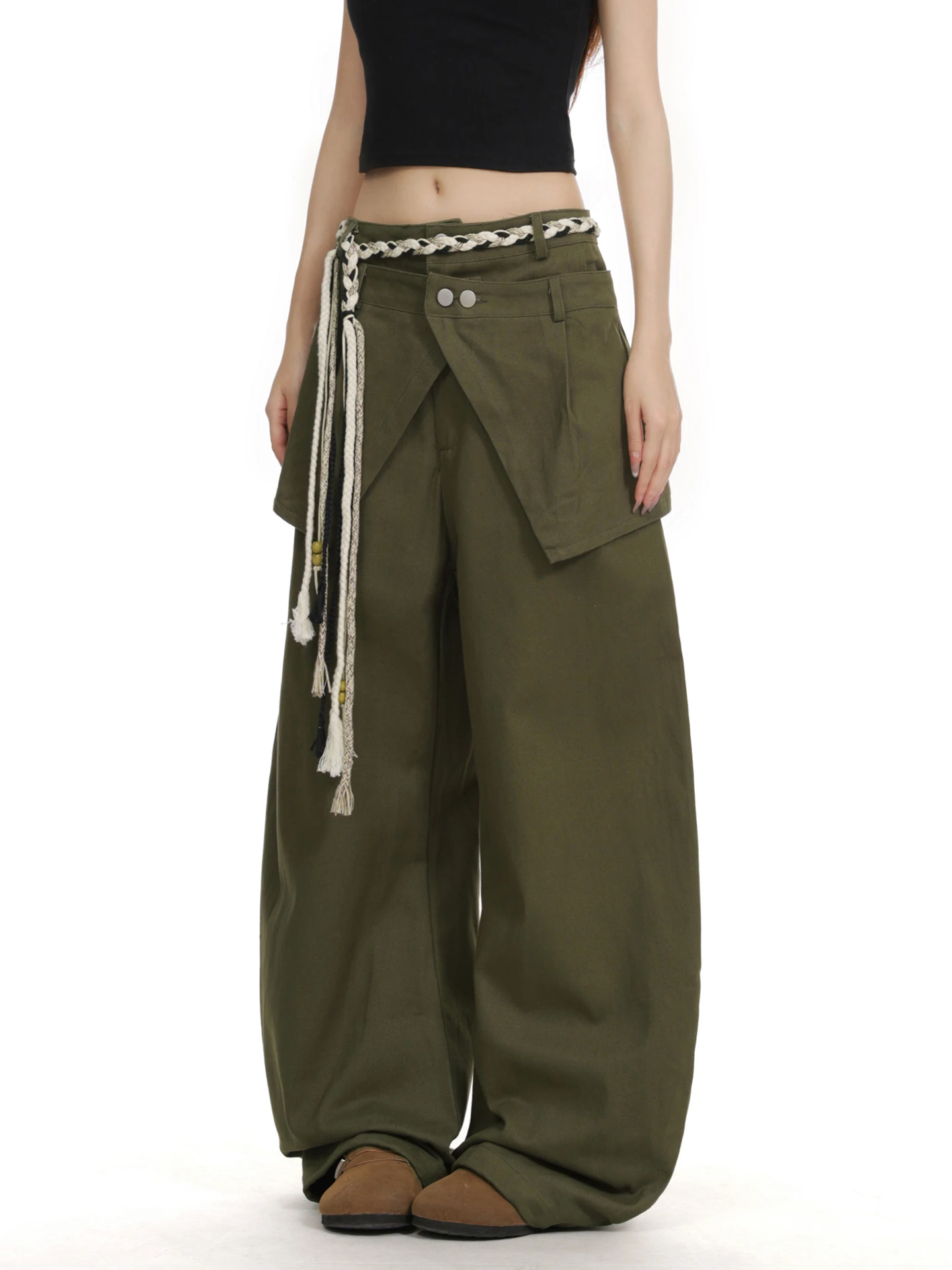 الأمريكية الرجعية نسج حزام الخصر سكين العمل بنطلون المرأة فضفاضة سليم واسعة الساق سراويل تقليدية عادية Sle l الخصر #4