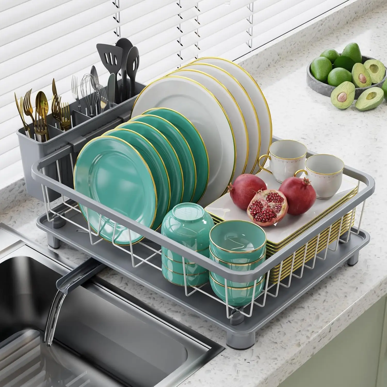 

Space-Saving Dish Drying Rack with Drainboard and Removable Utensil Holder, Rustproof Gray Kitchen Counter Organizer