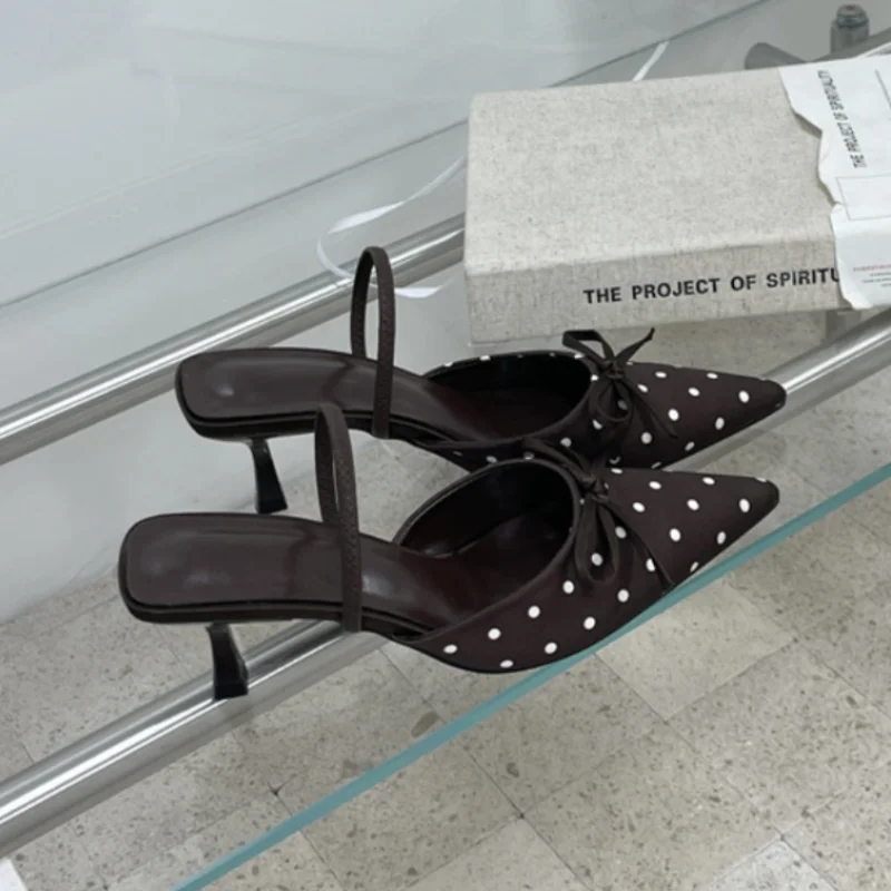 

Polka Dot Bow High-heeled Sandals 2026 Summer French Style Backless Sandals Elegant Sexy Thin Heel Sandals For Women