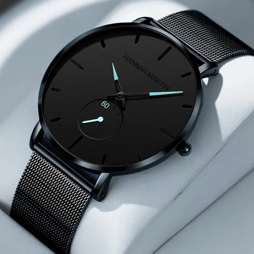 Reloj para hombre Hannah Martin, moda azul, negro, sincronización, esfera pequeña, movimiento de cuarzo Original, relojes deportivos informales de acero inoxidable para hombres