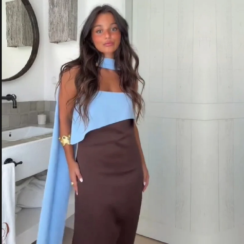 Elegant Color Block Sling Midi Dress For Women Sexy Halter Cape Design Spaghetti Strap Side Split Cocktail Party Long Vestidos