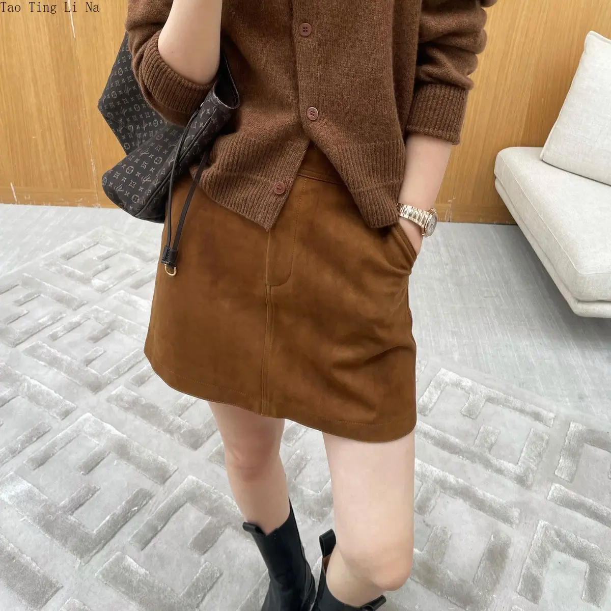 2023 Women New Genuine Leather Skirt Simple High Waist Reversed Fleece Real Sheepskin Skirt E11