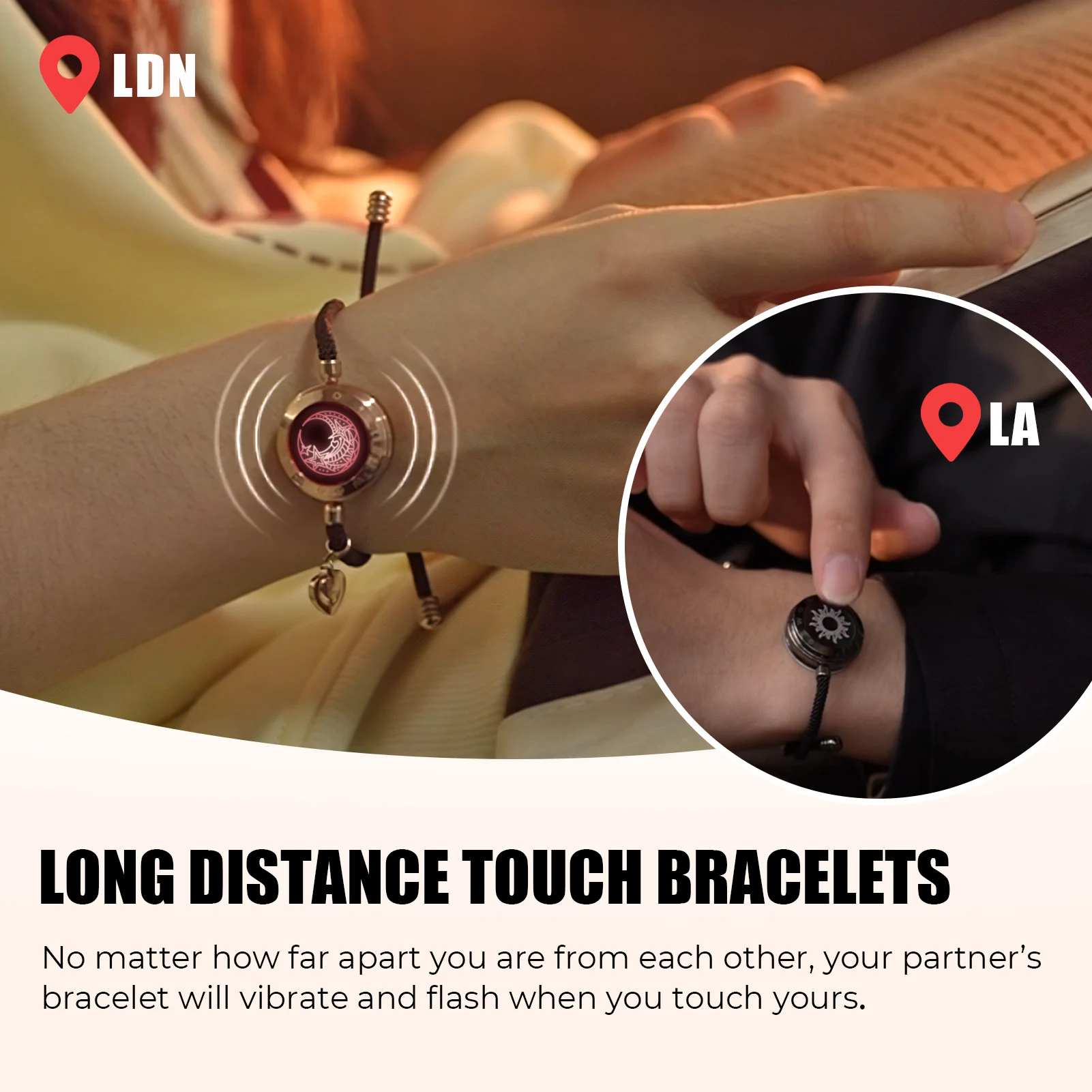 TOTWOO Pulseras táctiles de larga distancia para parejas, regalos con vibración y luz para novia, joyería de emparejamiento Bluetooth