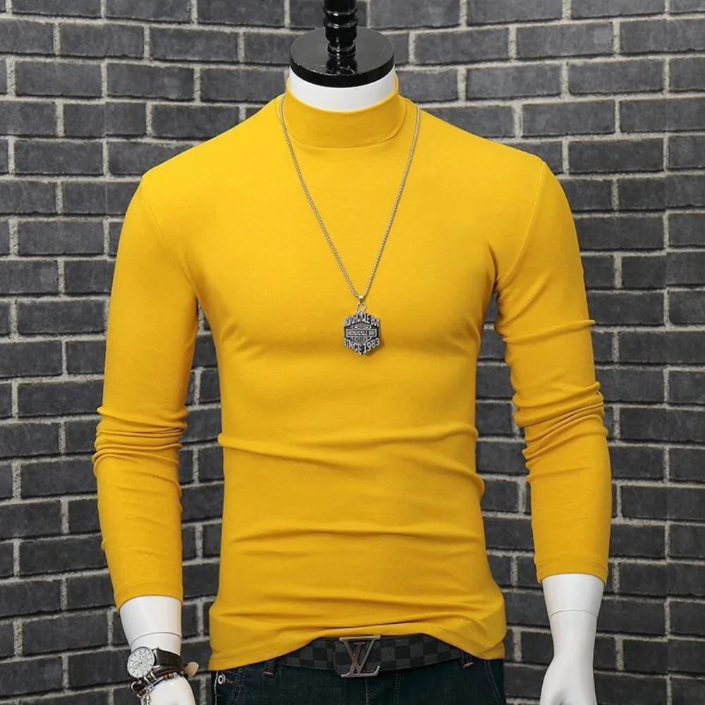 Fashion Men\'s Autumn Winter T-Shirt Casual Turtleneck High Collar Long Sleeves Solid Color Slim Top Clothes Outerwear Undershirt