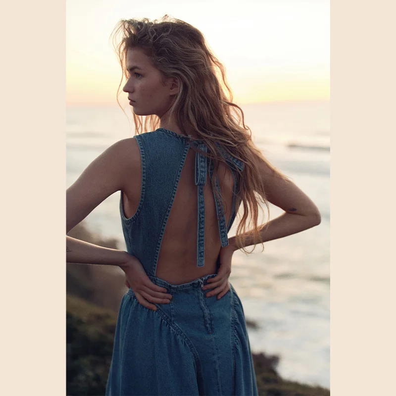 Vrouwen Vintage Hollow Out Denim Maxi Jurk Backless Een Lijn Denim Gewaden Lace Up Vestidos 2025, Nieuwe Dame Zomer Vakantie kleding