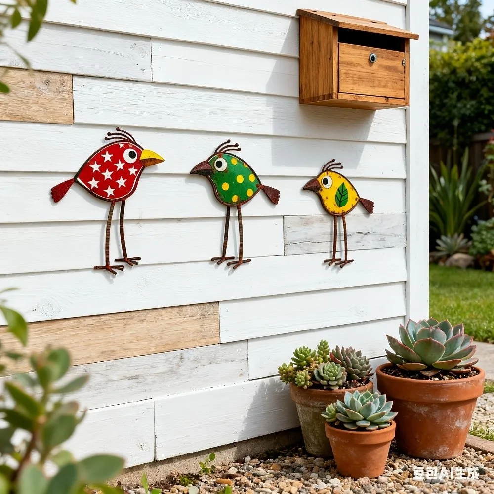 3Pcs Vintage 2D Flat Metal Bird Figurine with Long Legs Unique Bird Ornaments Set Handicrafts Rustic
