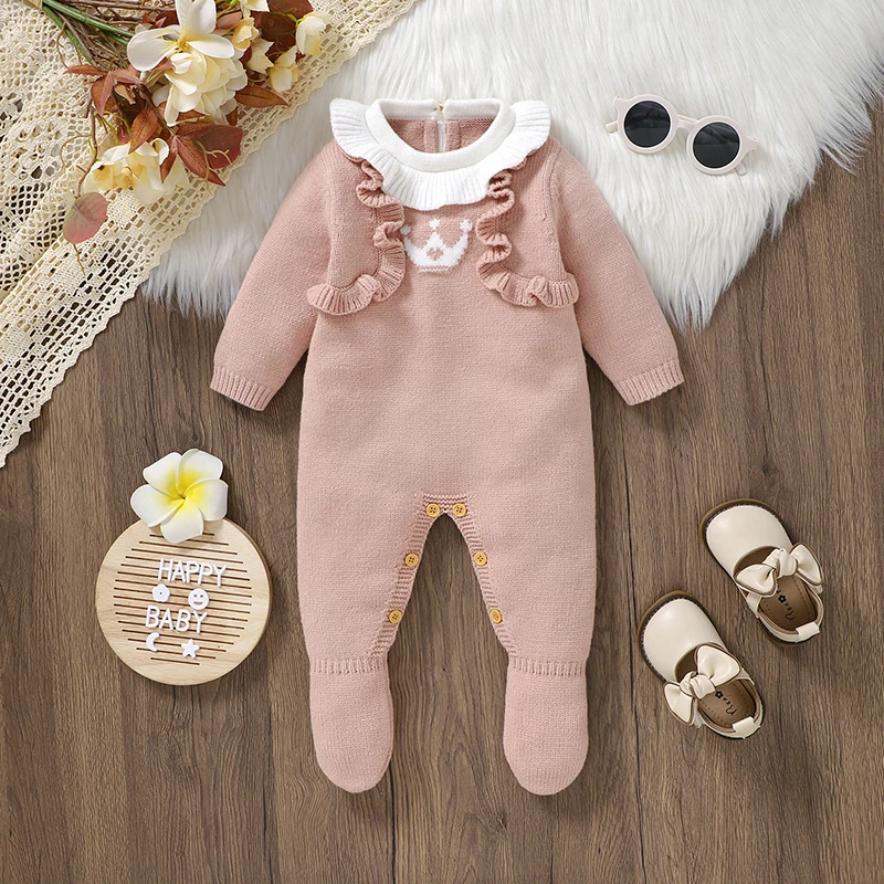 

Newborn Baby Romper Knitted Toddler Kid Clothing Fashion Ruffles 0-9M Foot Wrapping Infant Girl Jumpsuit Long Sleeve Autumn Watm