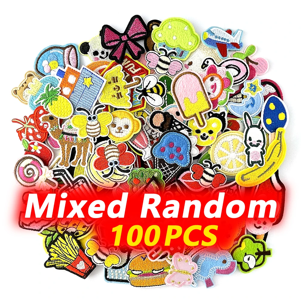 100Pcs Random Mix Small Cloth Sticker Iron on Patches for Clothing Decoration Embroidery Applique Supplies Decorative Patch