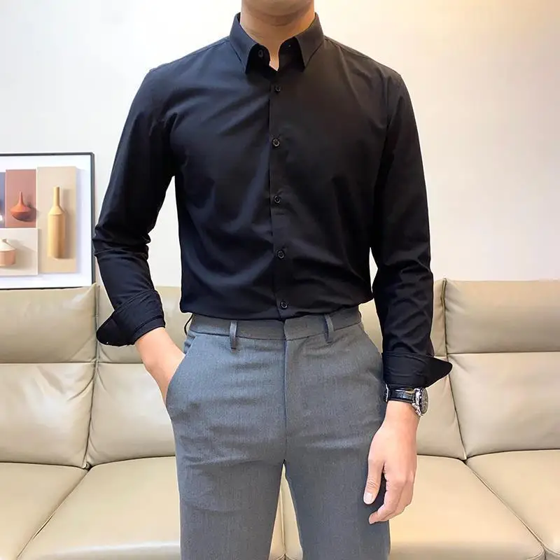 Smart Casual Commute Office Formal Handsome SlimSolid Color Classic Tall and Straight Sven Men's Long Sleeved Shirt Spring 2024