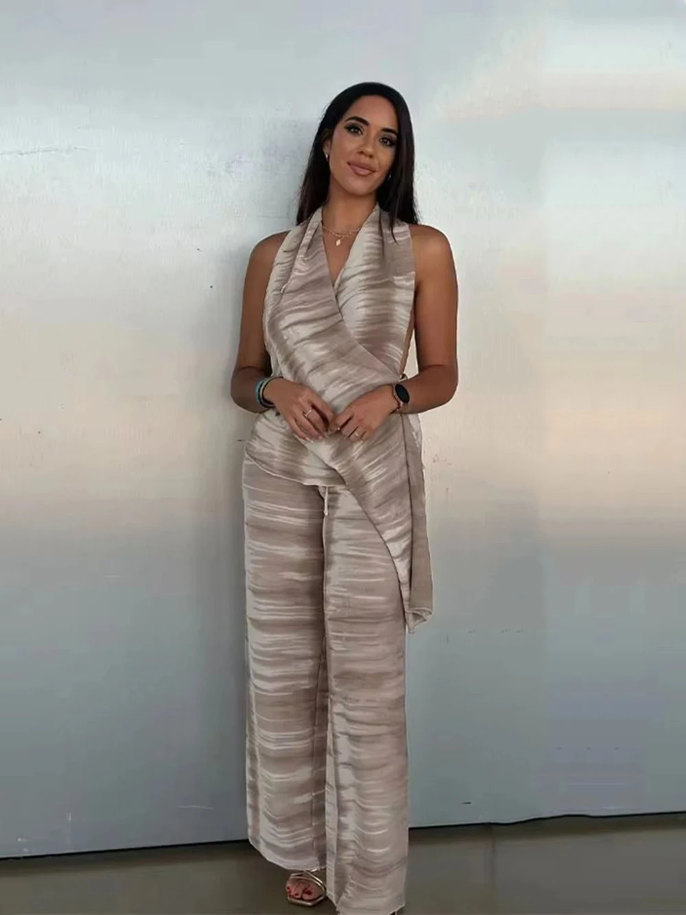 طقم بلوزة نسائية كاجوال كاجوال نسائية عارية الظهر مصبوغة بربطة عنق عتيقة بياقة على شكل V، بلوزة أنيقة برباط برباط عالي الخصر ببنطلون واسع الأرجل