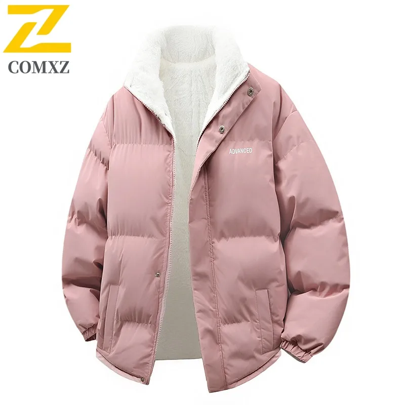 COMXZ 2025 Autumn Winter Sherpa Stand Collar Cotton Jacket Waterproof Windproof Solid Color Warm Unisex Loose Fit Fashion Coat