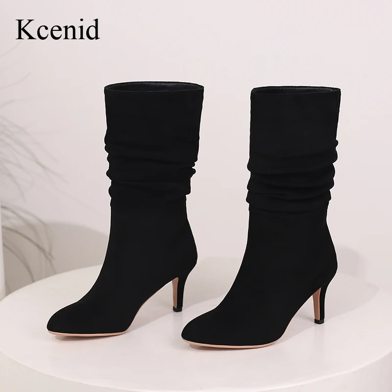 

Зимние винтажные женские полусапожки Kcenid до середины икры в западном стиле с острым носком, модные короткие плиссированные полусапожки на высоком каблуке