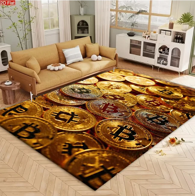 Golden Bitcoin Coin Art Pattern carpet flooring, Modern Crypto Theme Area Rug for Living Room Study Home Floor Ornament