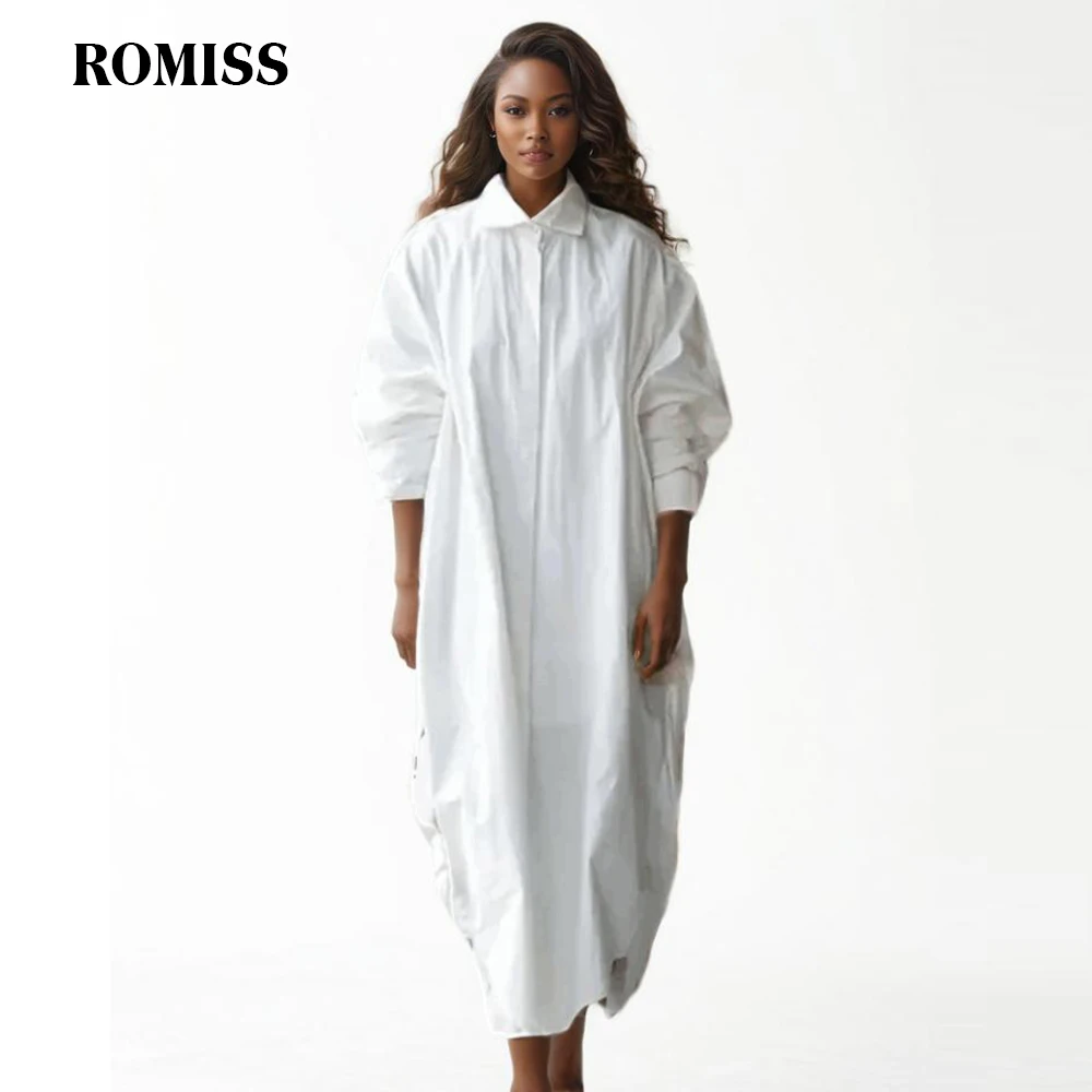 ROMISS Solid Casual Loose Shirt Dresses For Women Lapel Long Sleeve High Waist Patchwork Button Dress Female Fashion New