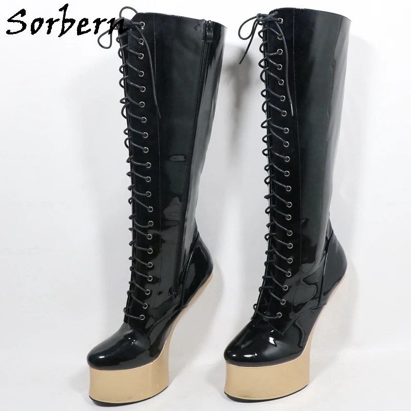 

Sorbern Экзотические сапоги до колена Женские туфли без каблука Лошади на шнуровке Сексуальные фетиш-трансвеститы Сапоги Drag Queen на заказ Широкие ноги