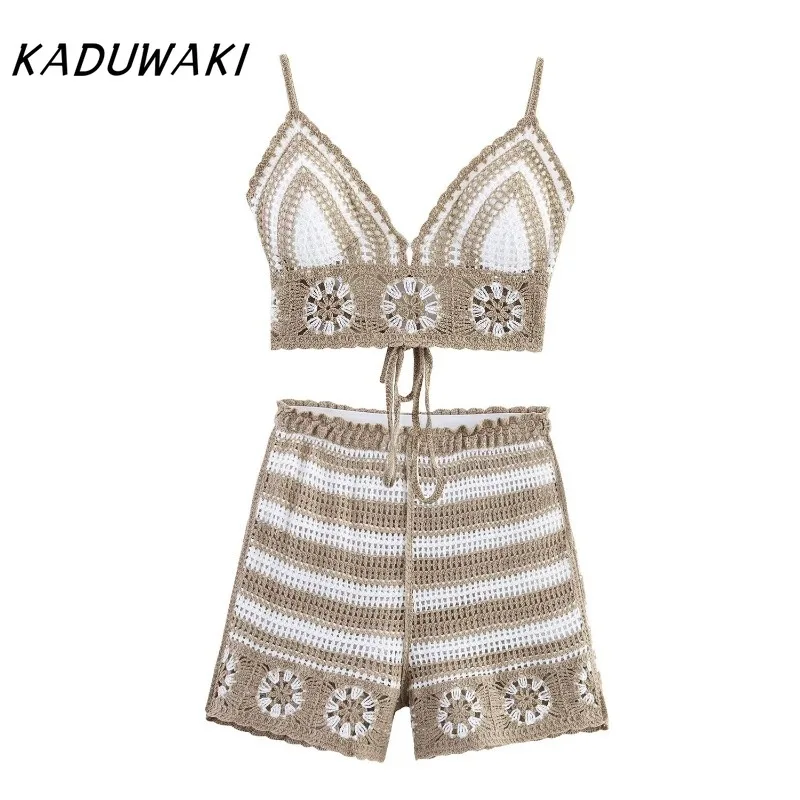 

KADUWAKI Summer Women Clothing European American Style Fashion Minimalist Vacation Style Knitted Suspender Shorts Two-piece Sets