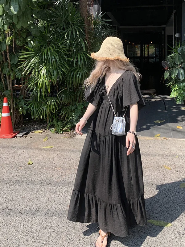 

plus Size Women's Deep V-Neck Short Sleeve Dress Summer New Loose Slimming High-End Black Long Dress Korean Style Commute Wind